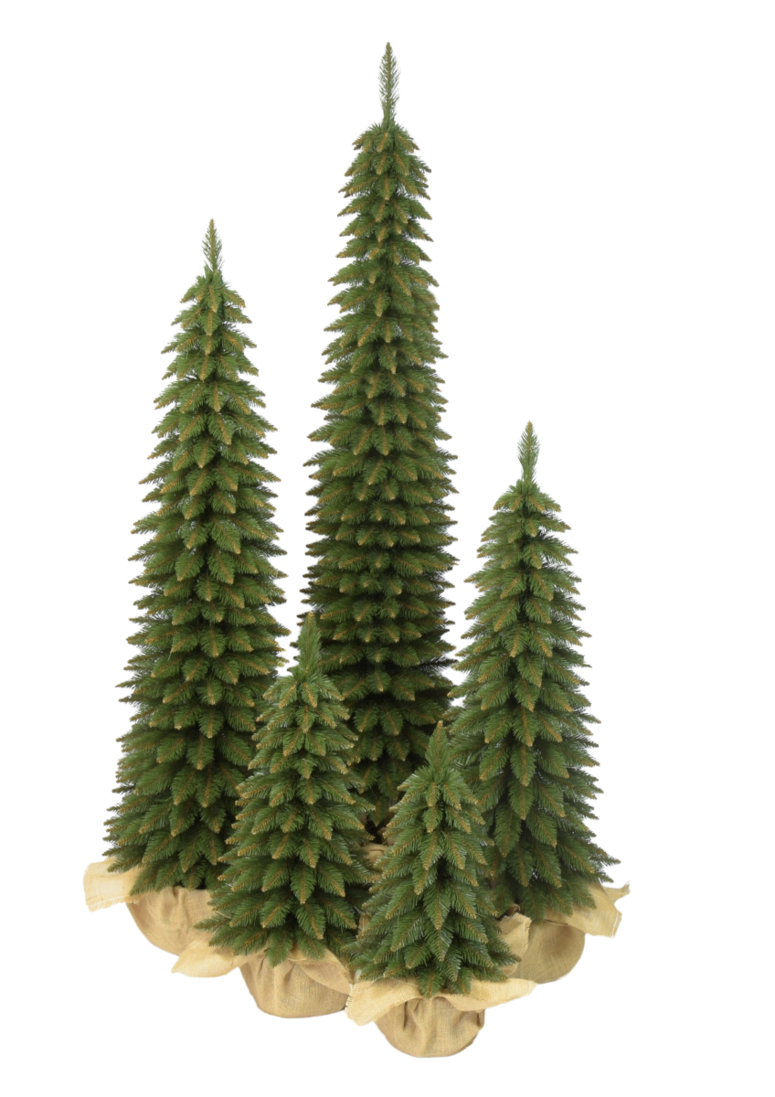 Kompozycja pięciu choinek o różnych wymiarach.